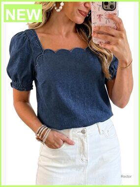 Square Neck Puff Sleeve Denim Top Blouse Jean Shirt